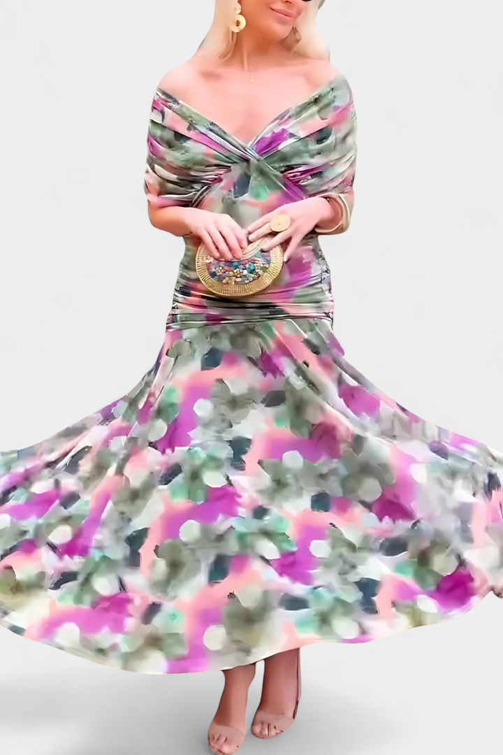 Magda - Długa sukienka kwiatowa z dekoltem w serek