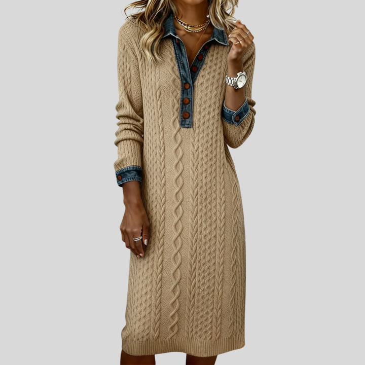 MAŁGORZATA - DENIMOWA SUKIENKA Z DZIANINOWYM KOŁNIERZYKIEM