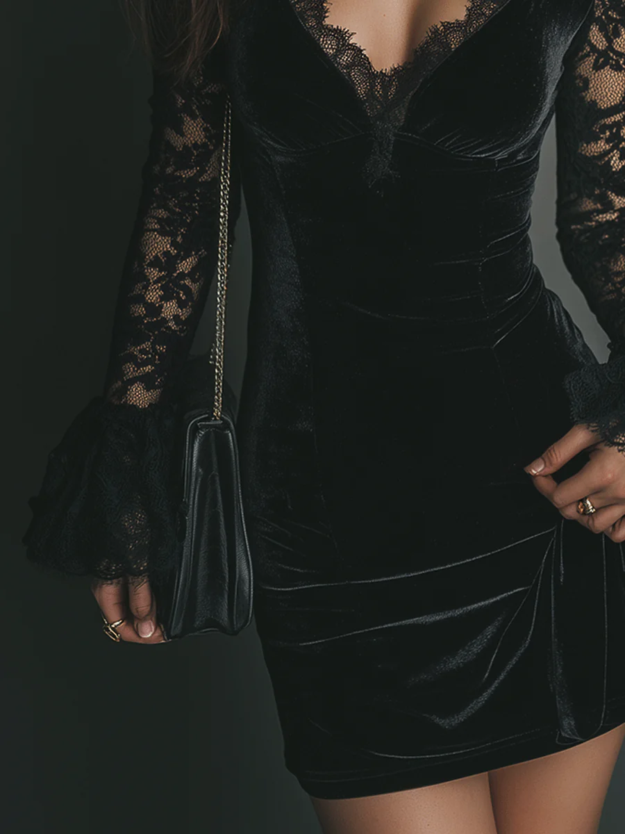 Orinthia - Aksamitna mini sukienka z koronką