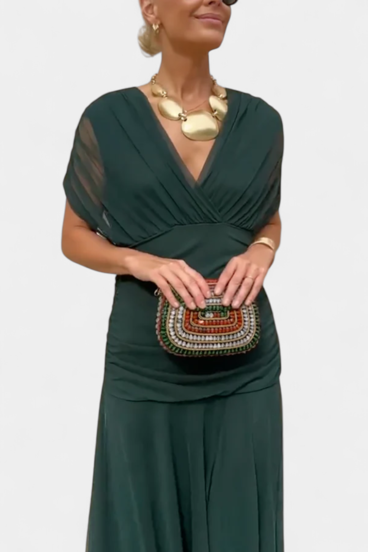 Magda - Długa sukienka kwiatowa z dekoltem w serek